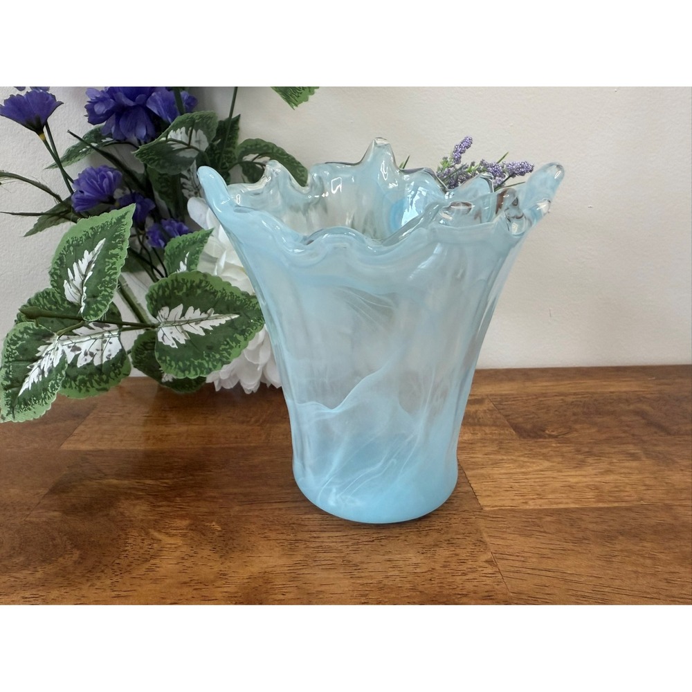Vintage Murano Glass Vase Hand Blown Blue and White Swirl Ruffled Rim Art Glass